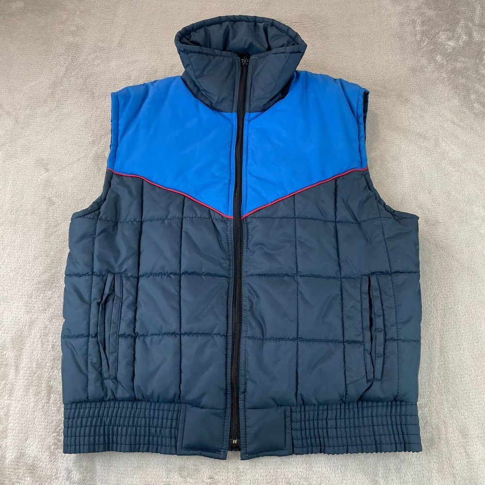 Vintage Studio 33 Puffer Vest Men Large Blue ColorBlock Pockets Full Zip 70s 80s